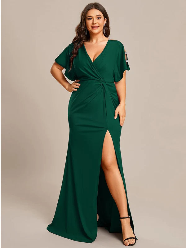 Plus Size Sequin Sleeve High Slit Evening Dress with Pleated