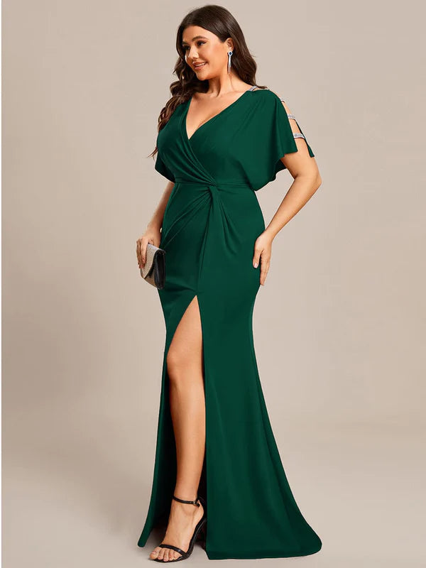 Plus Size Sequin Sleeve High Slit Evening Dress with Pleated