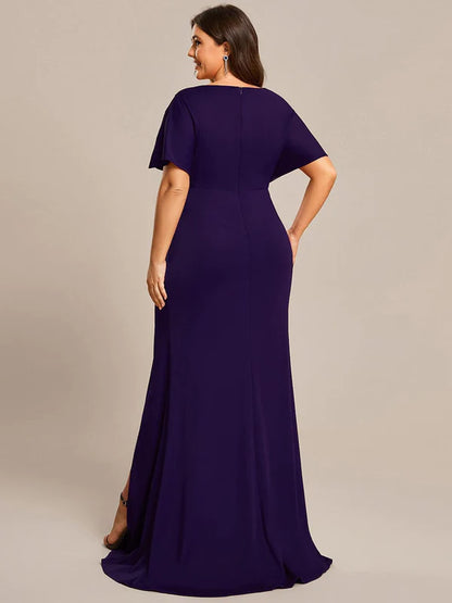 Plus Size Sequin Sleeve High Slit Evening Dress with Pleated