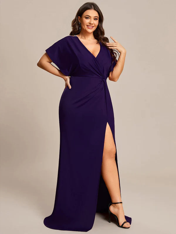 Plus Size Sequin Sleeve High Slit Evening Dress with Pleated