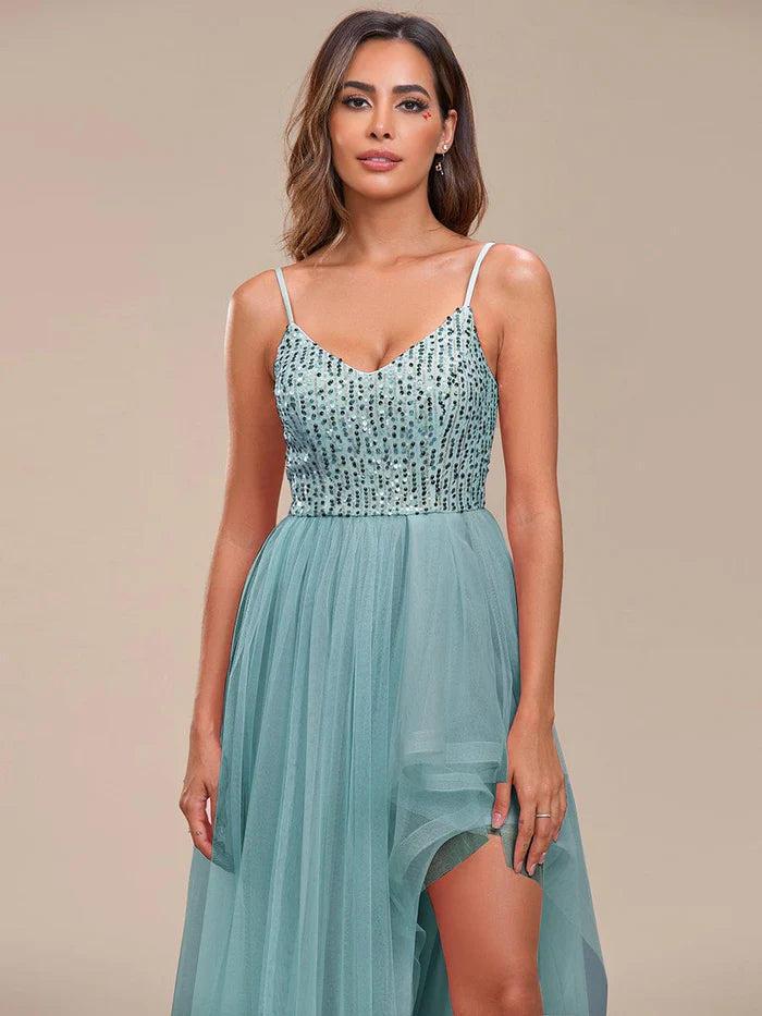 Spaghetti Strap Sequin Top A-Line High Low Tulle Evening Dress/Prom Dresses