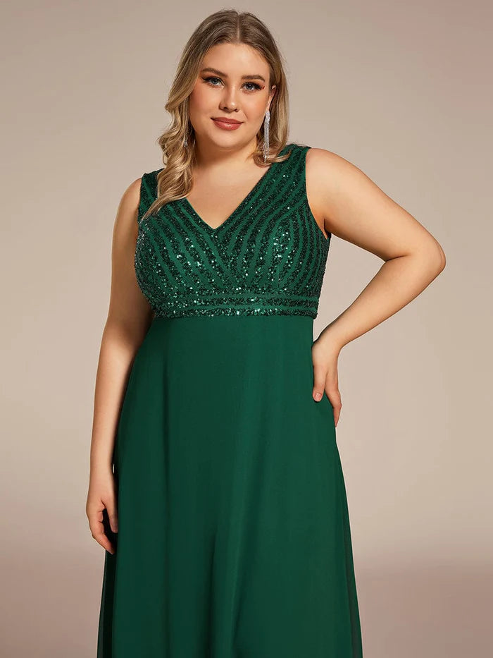 Plus Size Sequin Sleeveless Double V-Neck Formal Evening Dress/Prom Dresses