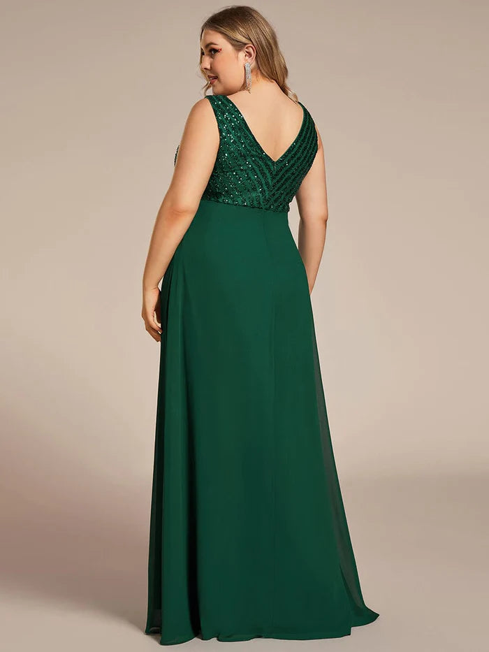 Plus Size Sequin Sleeveless Double V-Neck Formal Evening Dress/Prom Dresses