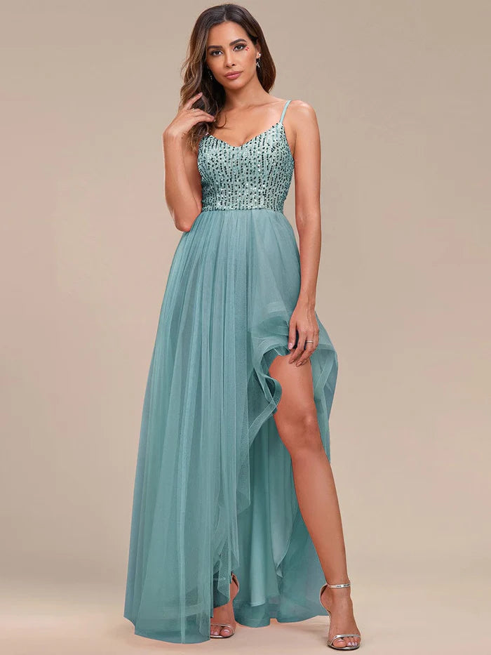 Spaghetti Strap Sequin Top A-Line High Low Tulle Evening Dress/Prom Dresses