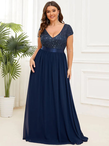 Plus Size Empire Waist V-Neck Cap Sleeve Chiffon Formal Evening Dress