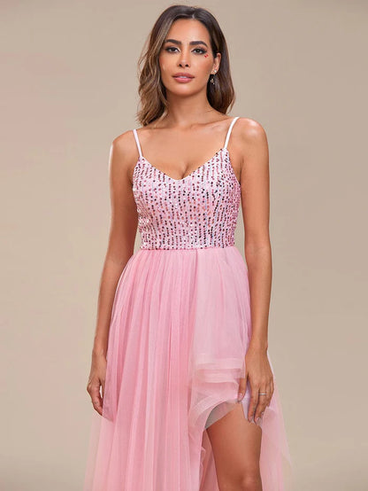 Spaghetti Strap Sequin Top A-Line High Low Tulle Evening Dress/Prom Dresses