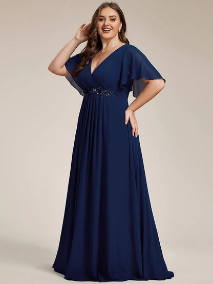 Plus Size Floral Applique Short Sleeve A-Line Chiffon Evening Dress/Prom Dresses