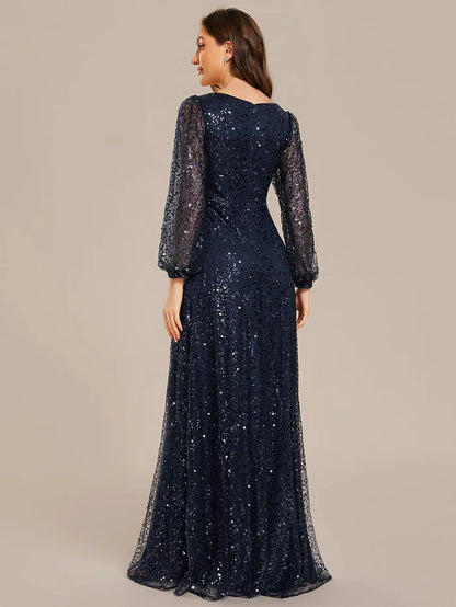 Shimmering All Over V-Neck Long Lantern Sleeve Sequin A-Line Evening Dress/Prom Dresses