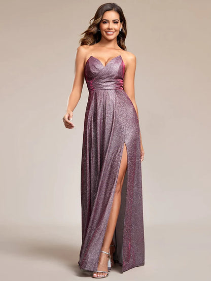 Shimmering Strapless A-Line Pleated Back-Laced High Slit Evening Dress/Prom Dresses