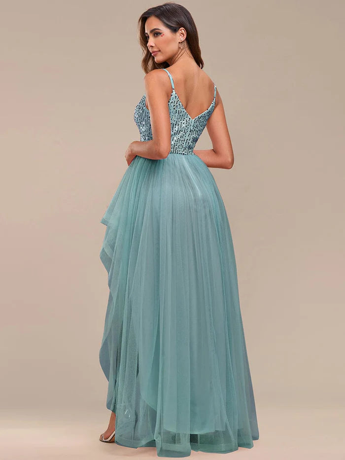 Spaghetti Strap Sequin Top A-Line High Low Tulle Evening Dress/Prom Dresses