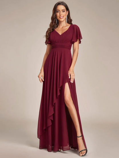 Ruffles Sleeve High Slit with Louts Leaf Chiffon Evening Dress/Prom Dresses