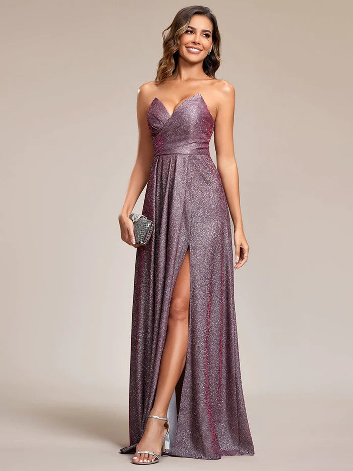 Shimmering Strapless A-Line Pleated Back-Laced High Slit Evening Dress/Prom Dresses