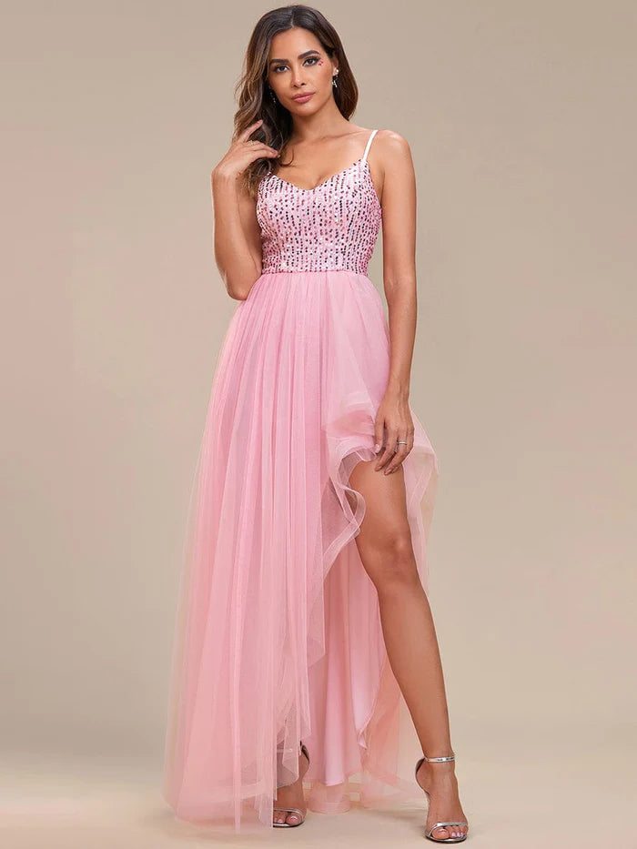 Spaghetti Strap Sequin Top A-Line High Low Tulle Evening Dress/Prom Dresses