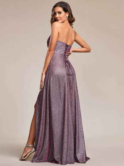 Shimmering Strapless A-Line Pleated Back-Laced High Slit Evening Dress/Prom Dresses