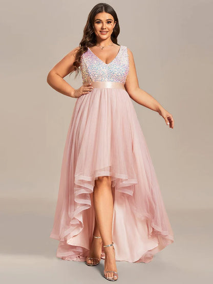 Plus Size Sleeveless Sequin Ribbon Waist Tulle High Low Evening Dress