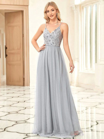 Soft Spaghetti Straps V-Neck Embroidery Evening Dress