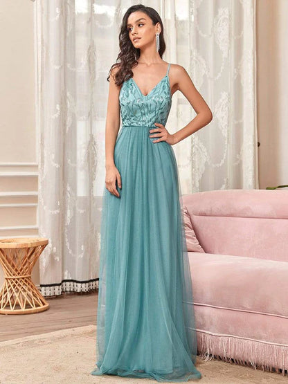 Soft Spaghetti Straps V-Neck Embroidery Evening Dress