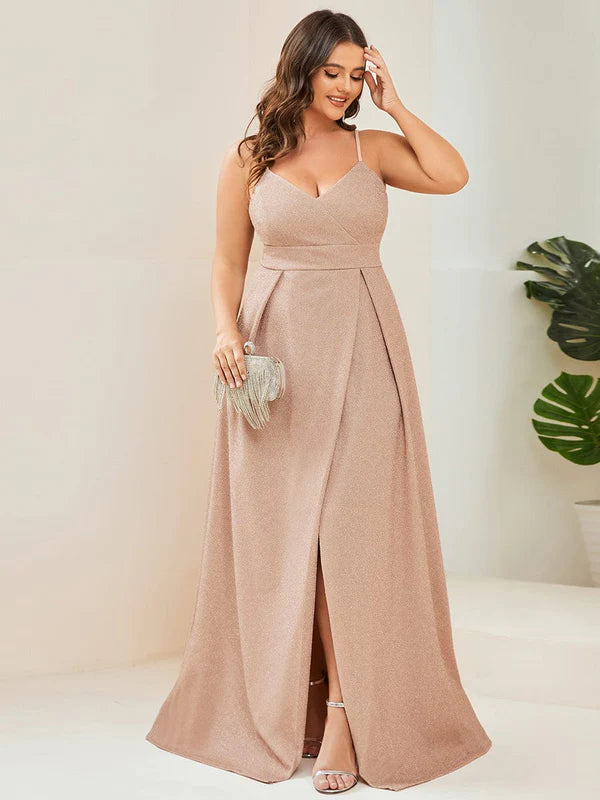 Plus Size Spaghetti Strap Shiny Formal Evening Dress for Wedding