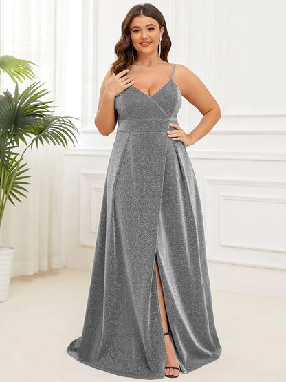 Plus Size Spaghetti Strap Shiny Formal Evening Dress for Wedding