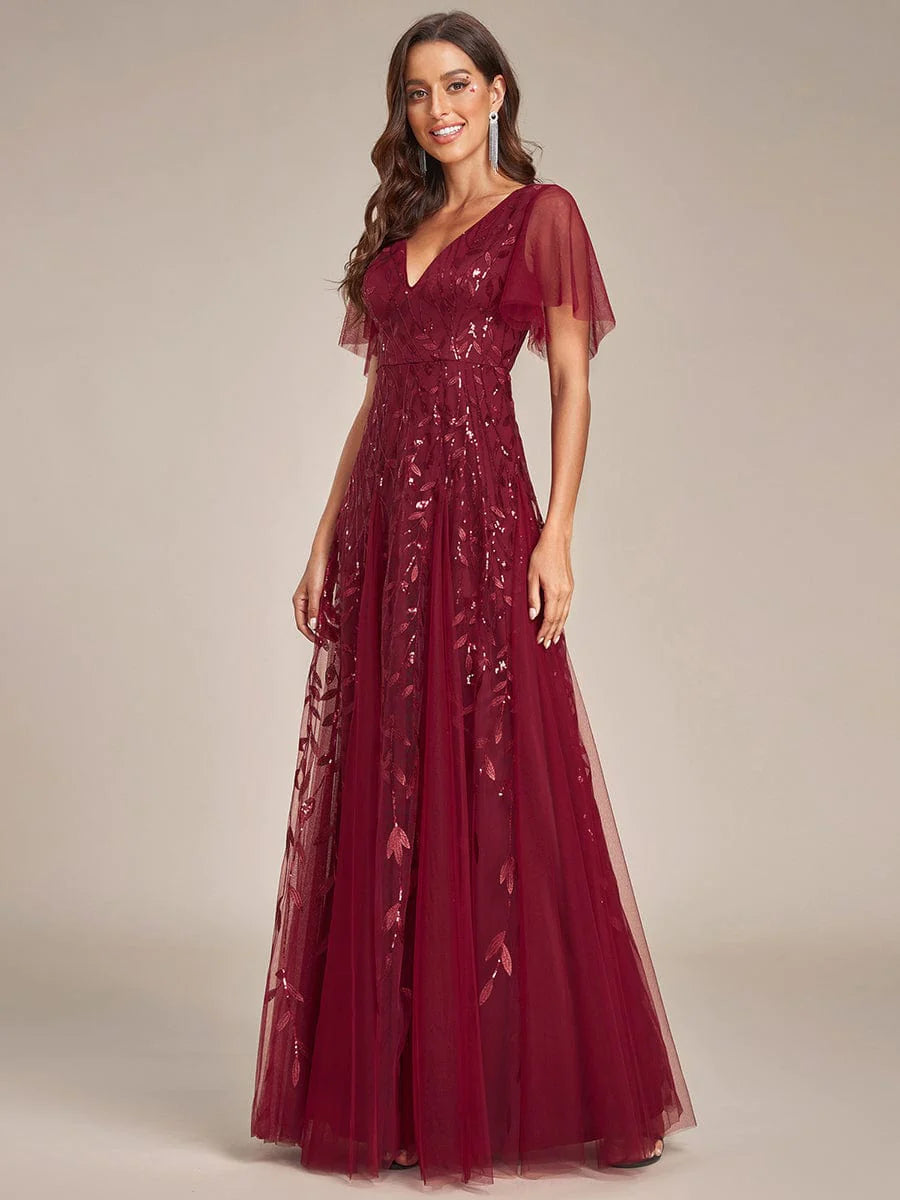 Shimmery V Neck Ruffle Sleeves Sequin Maxi Long Evening Dress/Prom Dresses