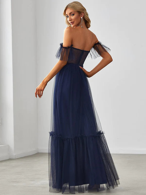 Off-Shoulder Sweetheart Double Layer Pleated Evening Dress