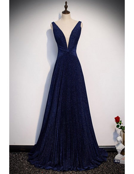 Navy Blue Pleated Deep Vneck Metallic Prom Dress