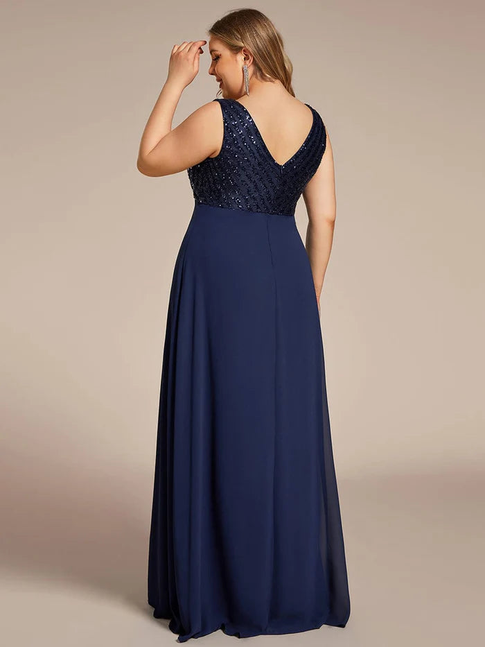 Plus Size Sequin Sleeveless Double V-Neck Formal Evening Dress/Prom Dresses