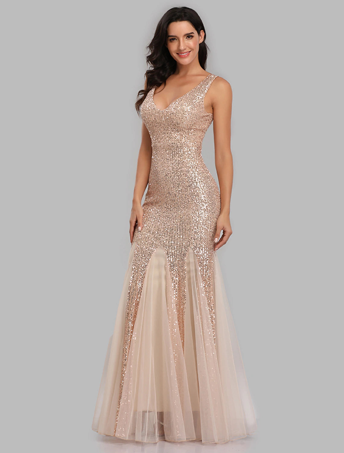 Mermaid / Trumpet Evening Gown Sparkle Dress Wedding Guest Party Wear Floor Length Sleeveless V Neck Sequined with Sequin