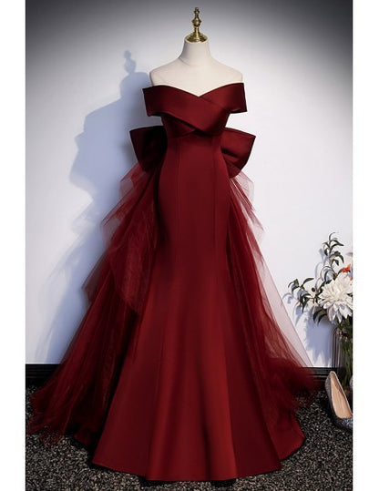 Burgundy Mermaid Satin Prom Dress with Big Bow Train In Back