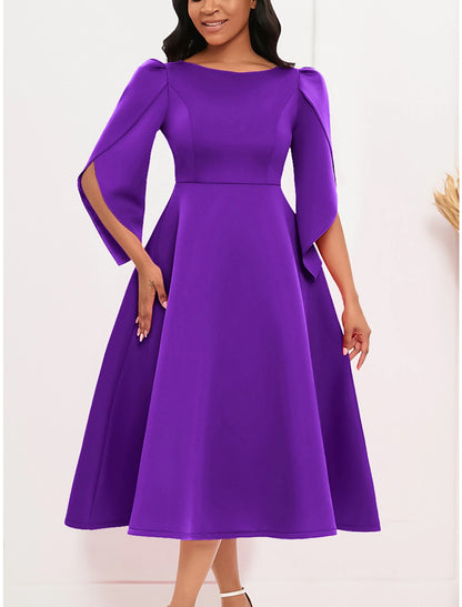 Women's Prom Dress Party Dress Sheath Dress Midi Dress Royal Blue Purple Green Half Sleeve Pure Color Ruched Fall Winter Autumn Crew Neck Fashion Evening Party Vacation