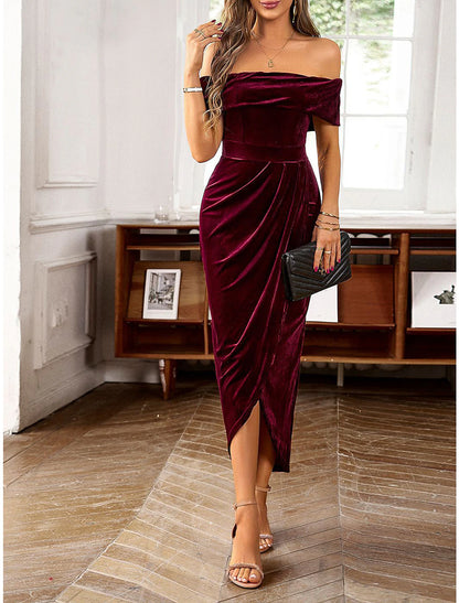 Women's Prom Dress Party Dress Velvet Dress Long Dress Maxi Dress Black Wine Blue Short Sleeve Pure Color Pleated Spring Fall Winter Off Shoulder Fashion Winter Dress Office Evening Party