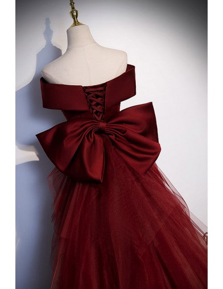 Burgundy Mermaid Satin Prom Dress with Big Bow Train In Back