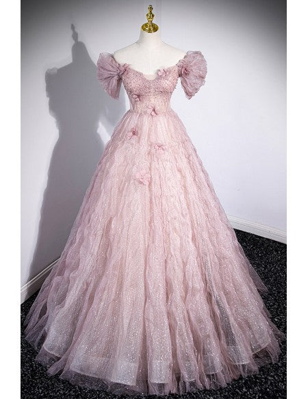 Bling Ruffled Tulle Long Ballgown Pink Prom Dress with Flowers