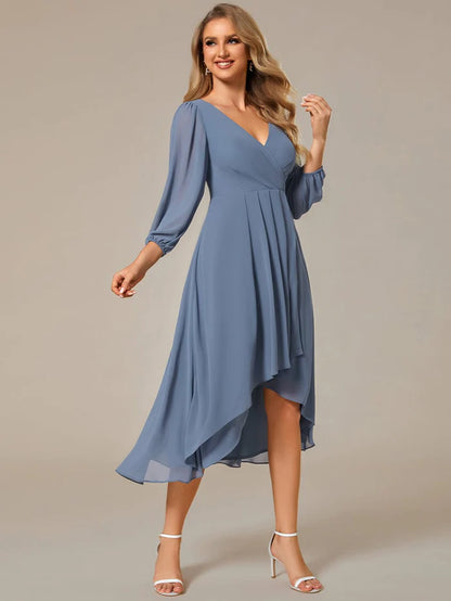 Long Sleeves Asymmetrical Hem A-Line Midi Wedding Guest Dress/Prom  Dresses