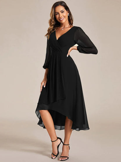 Long Sleeves Asymmetrical Hem A-Line Midi Wedding Guest Dress/Prom  Dresses