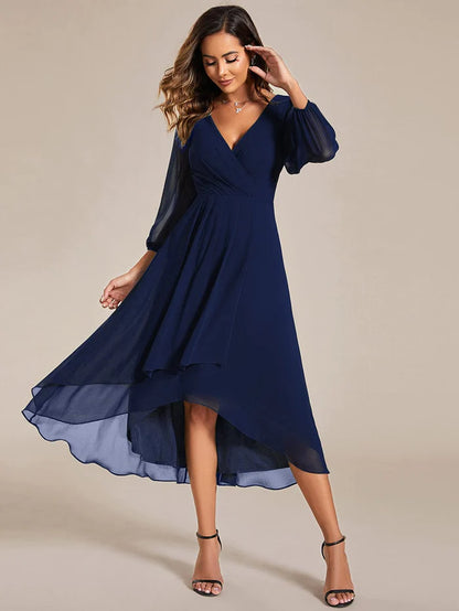 Long Sleeves Asymmetrical Hem A-Line Midi Wedding Guest Dress/Prom  Dresses