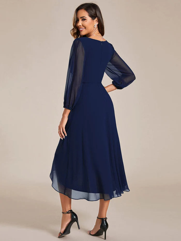 Long Sleeves Asymmetrical Hem A-Line Midi Wedding Guest Dress/Prom  Dresses