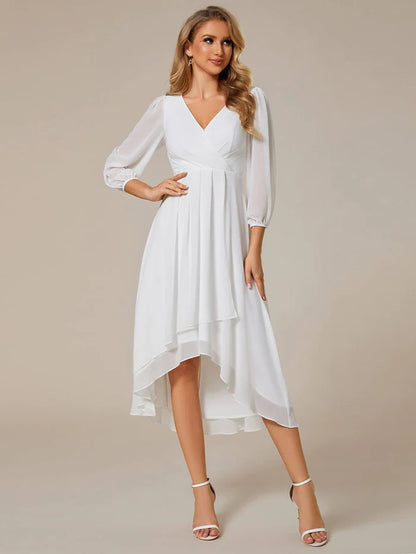 Long Sleeves Asymmetrical Hem A-Line Midi Wedding Guest Dress/Prom  Dresses