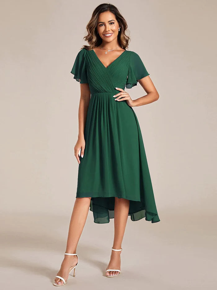 Chic V Neck Asymmetrical Hem Ruffles Sleeve Pleated Chiffon Wedding Guest Dress/Prom  Dresses