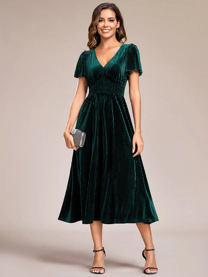 Graceful V-Neck Waist Design Short Sleeves Fall Velvet Midi Wedding Guest Dress/Prom Dresses