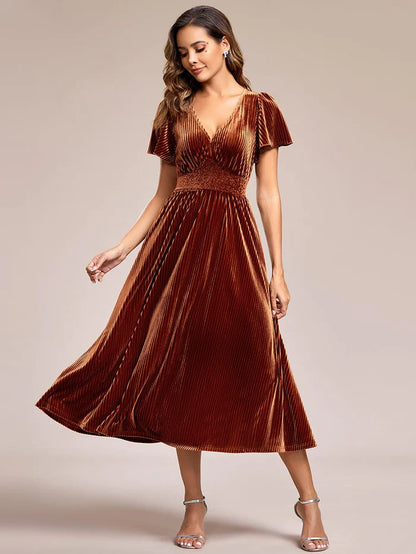 Graceful V-Neck Waist Design Short Sleeves Fall Velvet Midi Wedding Guest Dress/Prom Dresses