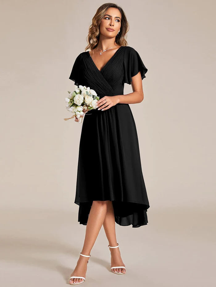 Chic V Neck Asymmetrical Hem Ruffles Sleeve Pleated Chiffon Wedding Guest Dress/Prom  Dresses