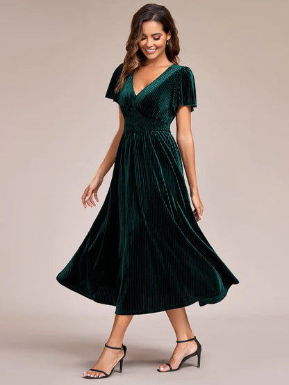 Graceful V-Neck Waist Design Short Sleeves Fall Velvet Midi Wedding Guest Dress/Prom Dresses