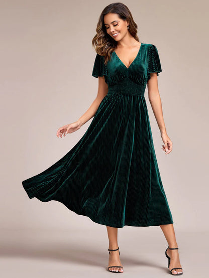 Graceful V-Neck Waist Design Short Sleeves Fall Velvet Midi Wedding Guest Dress/Prom Dresses