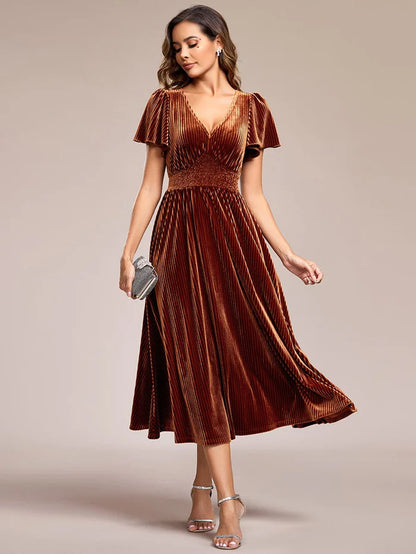 Graceful V-Neck Waist Design Short Sleeves Fall Velvet Midi Wedding Guest Dress/Prom Dresses