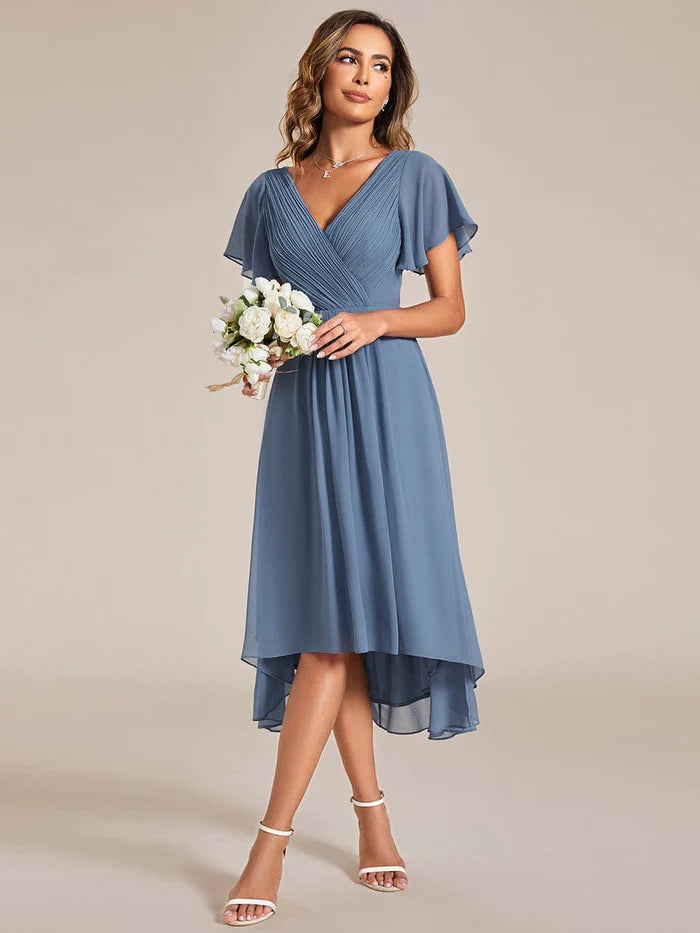 Chic V Neck Asymmetrical Hem Ruffles Sleeve Pleated Chiffon Wedding Guest Dress/Prom  Dresses