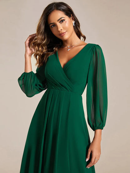 Long Sleeves Asymmetrical Hem A-Line Midi Wedding Guest Dress/Prom  Dresses