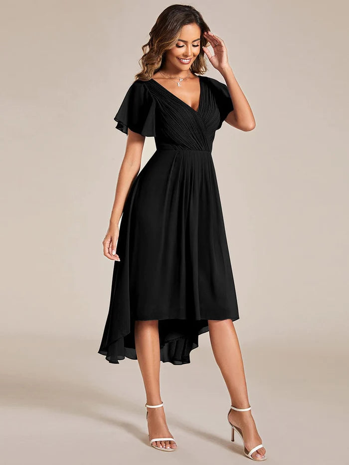 Chic V Neck Asymmetrical Hem Ruffles Sleeve Pleated Chiffon Wedding Guest Dress/Prom  Dresses