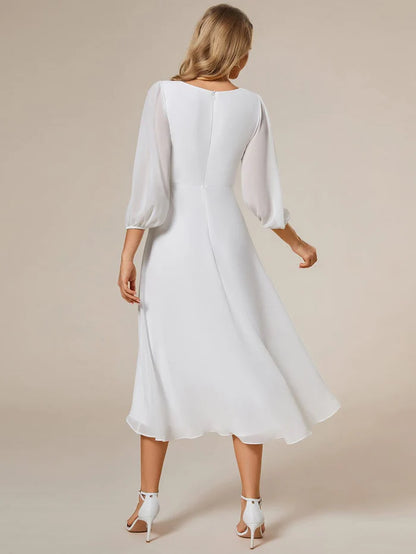 Long Sleeves Asymmetrical Hem A-Line Midi Wedding Guest Dress/Prom  Dresses