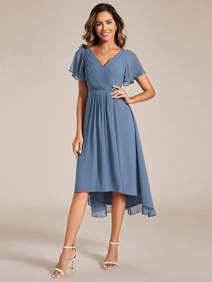 Chic V Neck Asymmetrical Hem Ruffles Sleeve Pleated Chiffon Wedding Guest Dress/Prom  Dresses